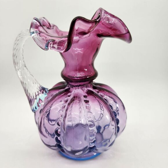Fenton Glass Mulberry Beaded Melon Pitcher Swirl Handle Ruffled Edge Ombre 1988 - Picture 1 of 10
